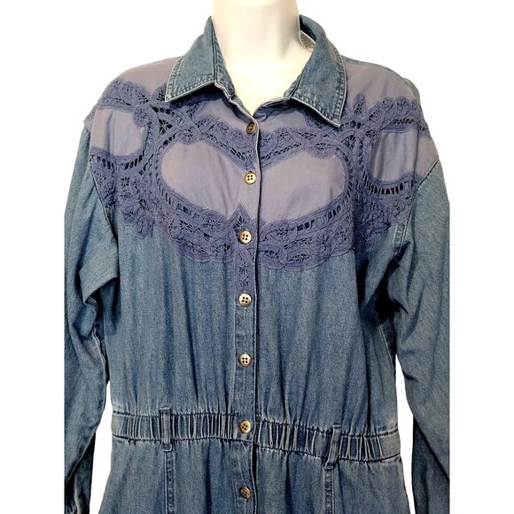 Vtg 80s Cowgirl Dress TOGETHER Denim Button Front Lace Insert Wide Sweep Elastic - Picture 6 of 11